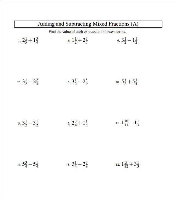 Add And Subtract Positive And Negative Fractions Worksheet