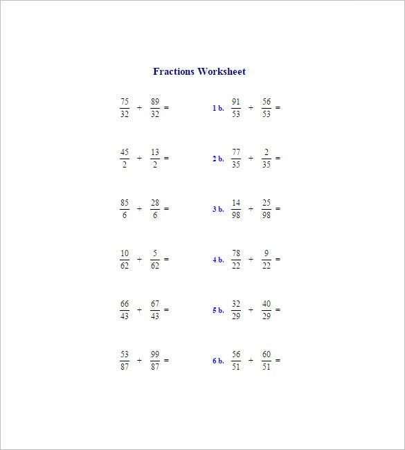 Subtracting Fractions Same Denominator Worksheet