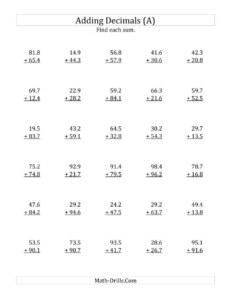 20 Worksheets Adding Decimals 6 ESL Worksheets Kids