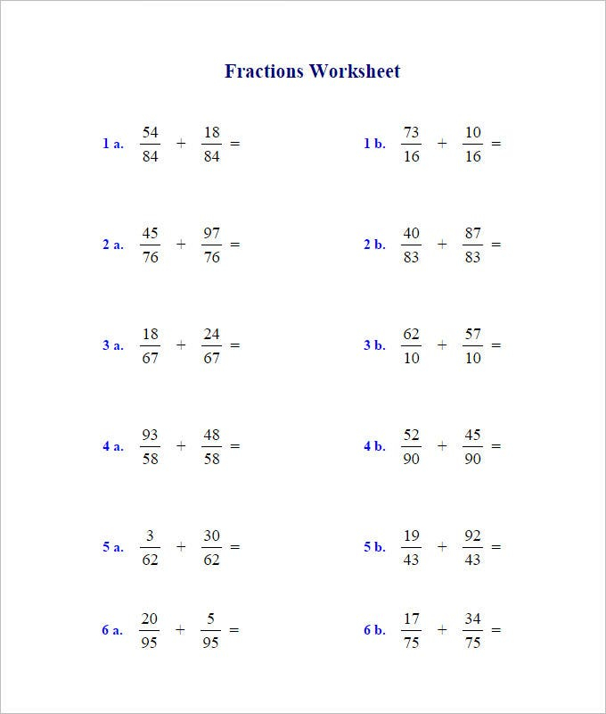 Adding Fractions Easy Worksheet