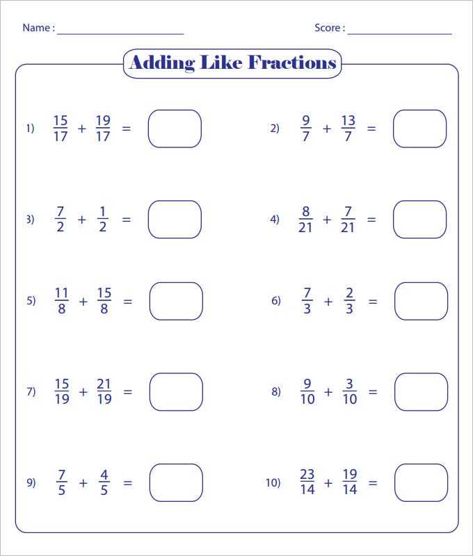 Adding Like Fractions Worksheets