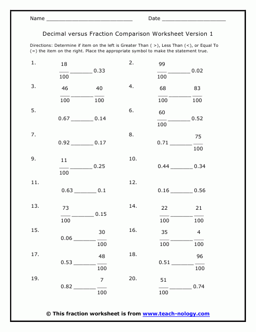 Comparing Fractions And Decimals Worksheet