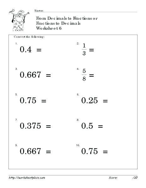 Equivalent Fractions To Decimals Worksheet