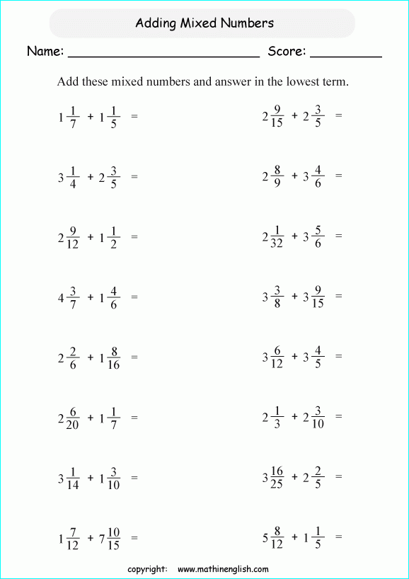 Add Mixed Number Fractions Worksheets