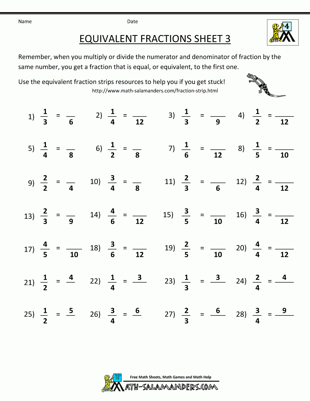 3rd Grade Equivalent Fractions Worksheet