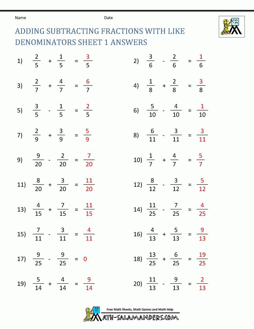 Addition And Subtraction Fractions Worksheets