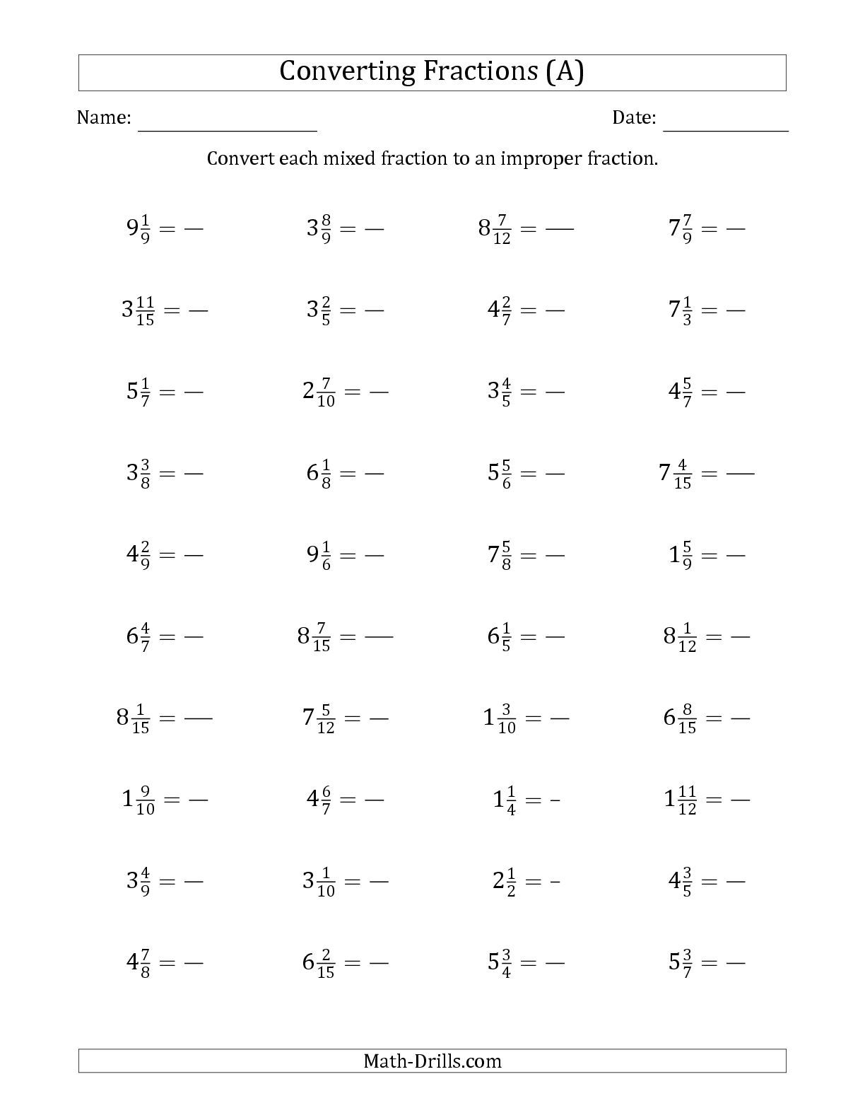 Converting Mixed Numbers To Improper Fractions Worksheet 4th Grade