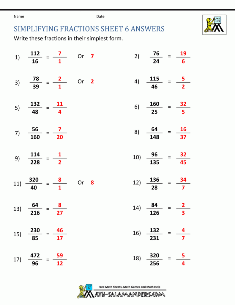 4th Grade Simplifying Fractions Worksheet Worksheets Free Download