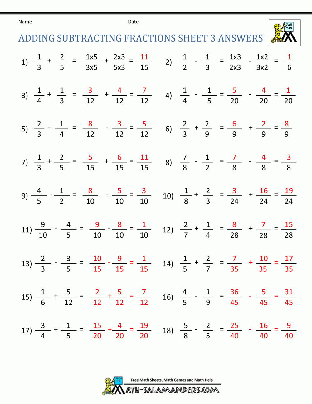 5th Grade Add And Subtract Fractions Worksheet