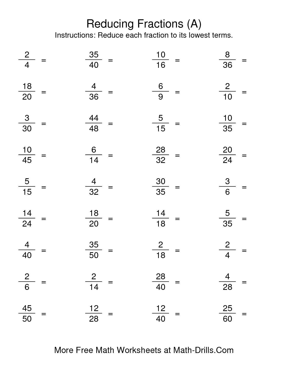 5th Grade Fraction Worksheet The Reducing Fractions To Lowest Terms A