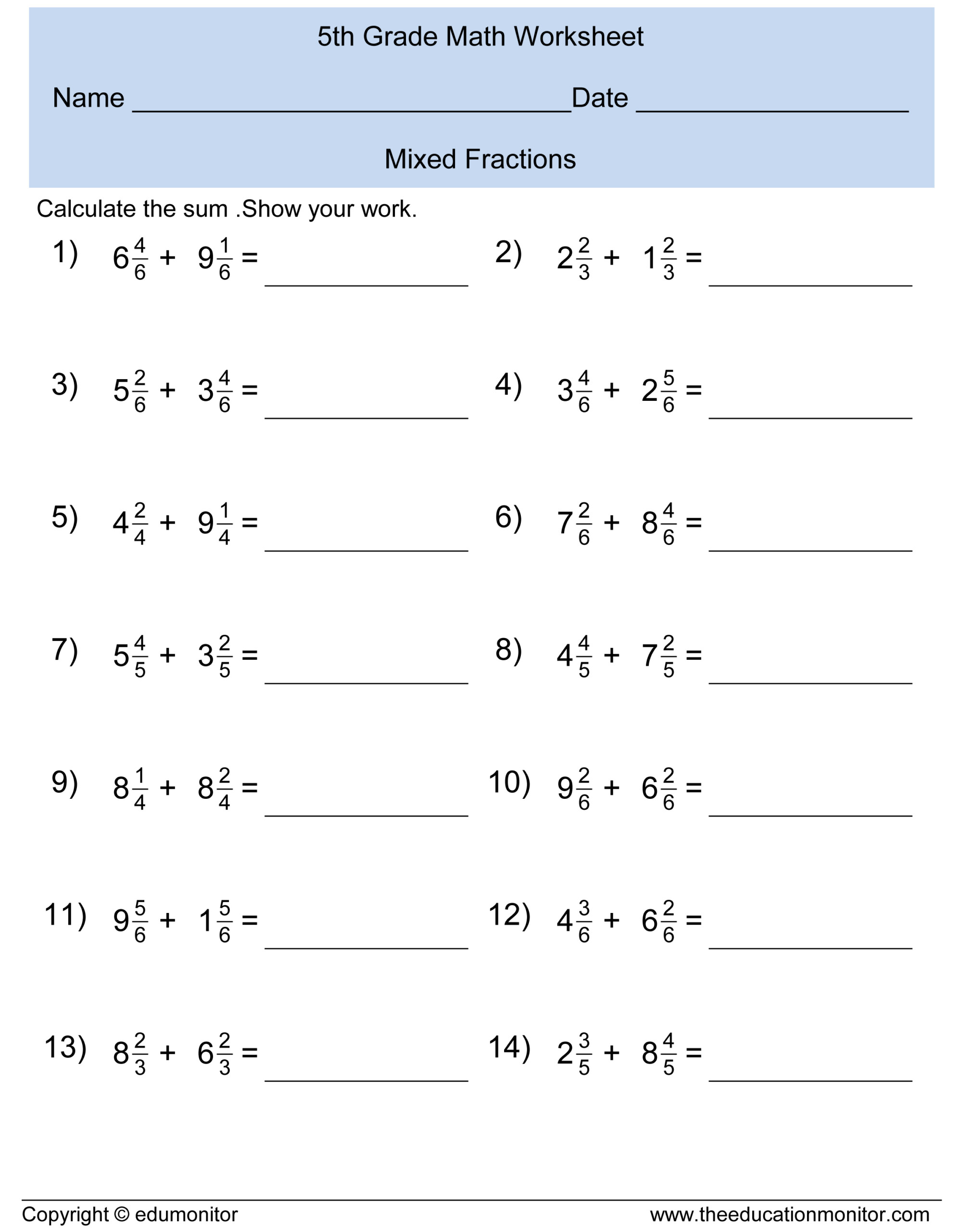 Adding Mixed Fractions Worksheets 5th Grade