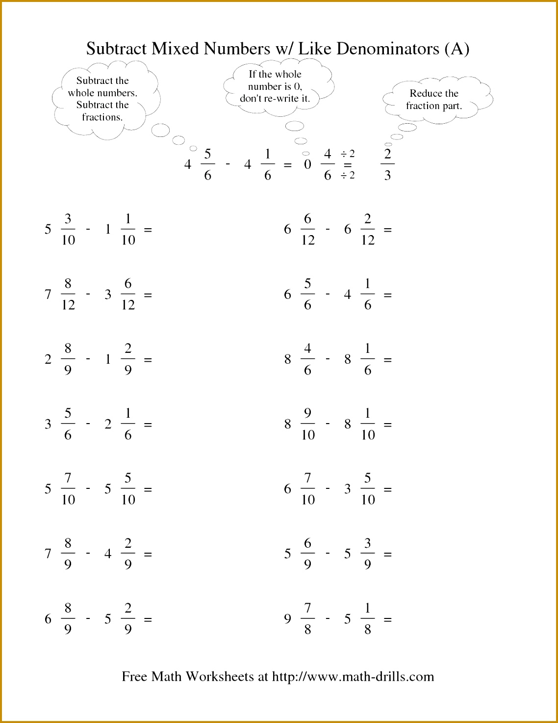 7 Adding And Subtracting Fractions With Unlike Denominators Worksheets