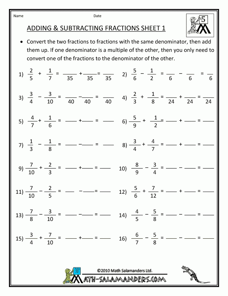 Pre Algebra Adding And Subtracting Fractions Worksheets