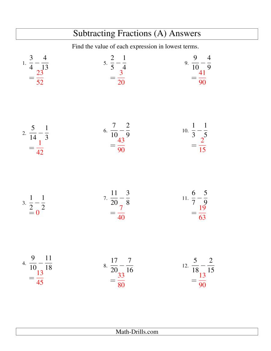 Subtracting Unlike Fractions Worksheets With Answers