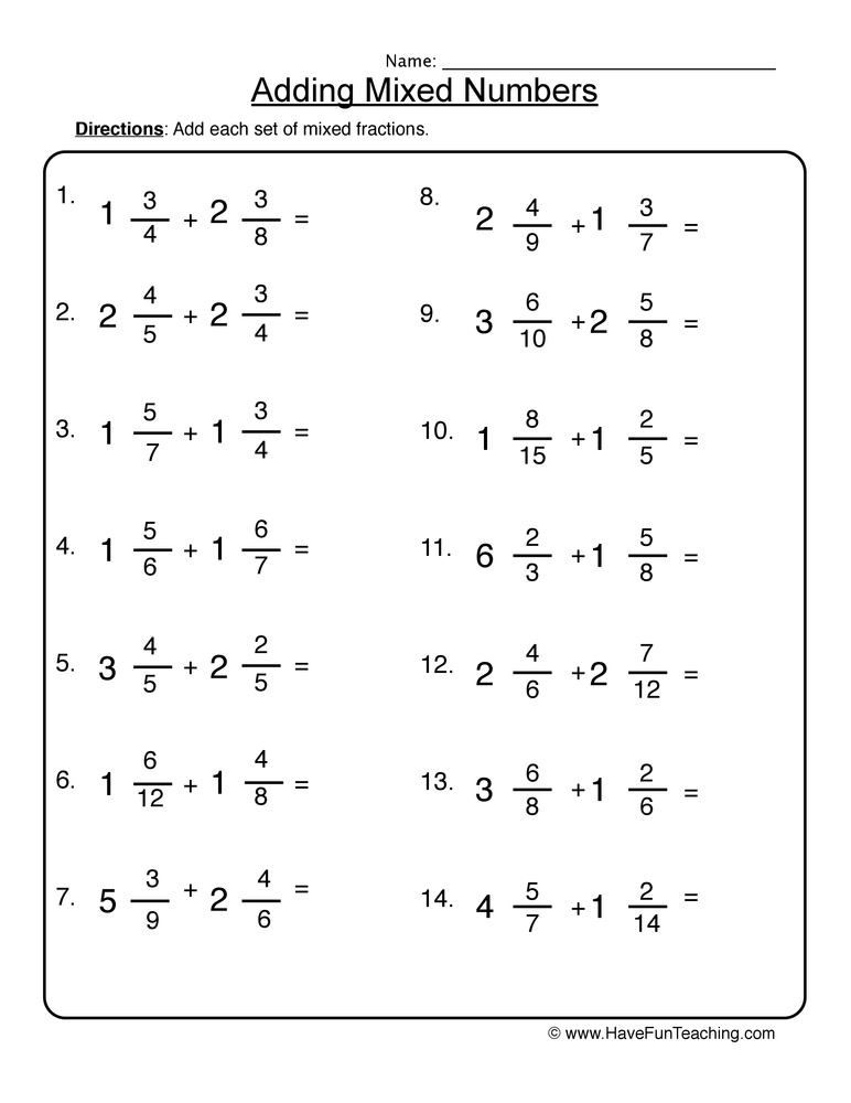 Adding Fractions And Mixed Numbers Worksheets