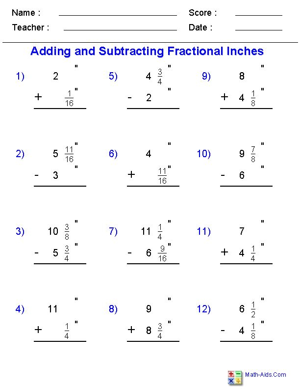 Adding And Subtracting Fractional Inches With Borrowing Worksheets 