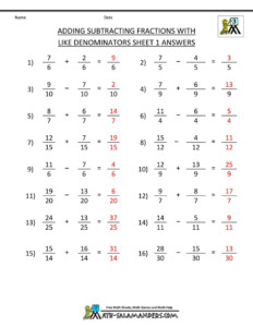 Adding And Subtracting Fractions Adding Subtracting Fractions Like