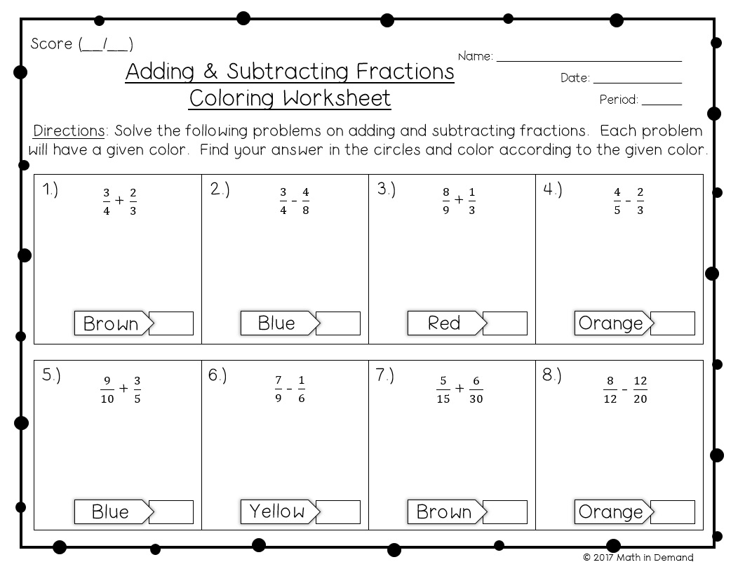 Adding And Subtracting Fractions Coloring Worksheets