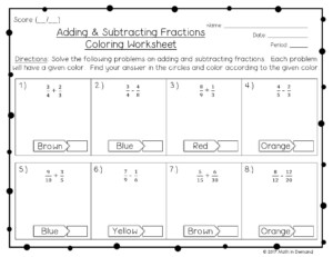 Adding And Subtracting Fractions Coloring Worksheet