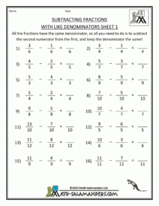 Adding And Subtracting Fractions Same Denominator Worksheet Fraction