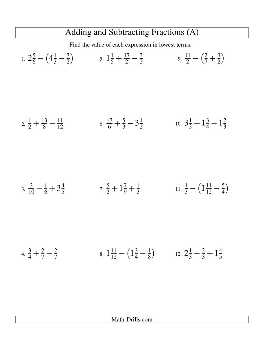 Adding And Subtracting Fractions With Integers Worksheet Fraction