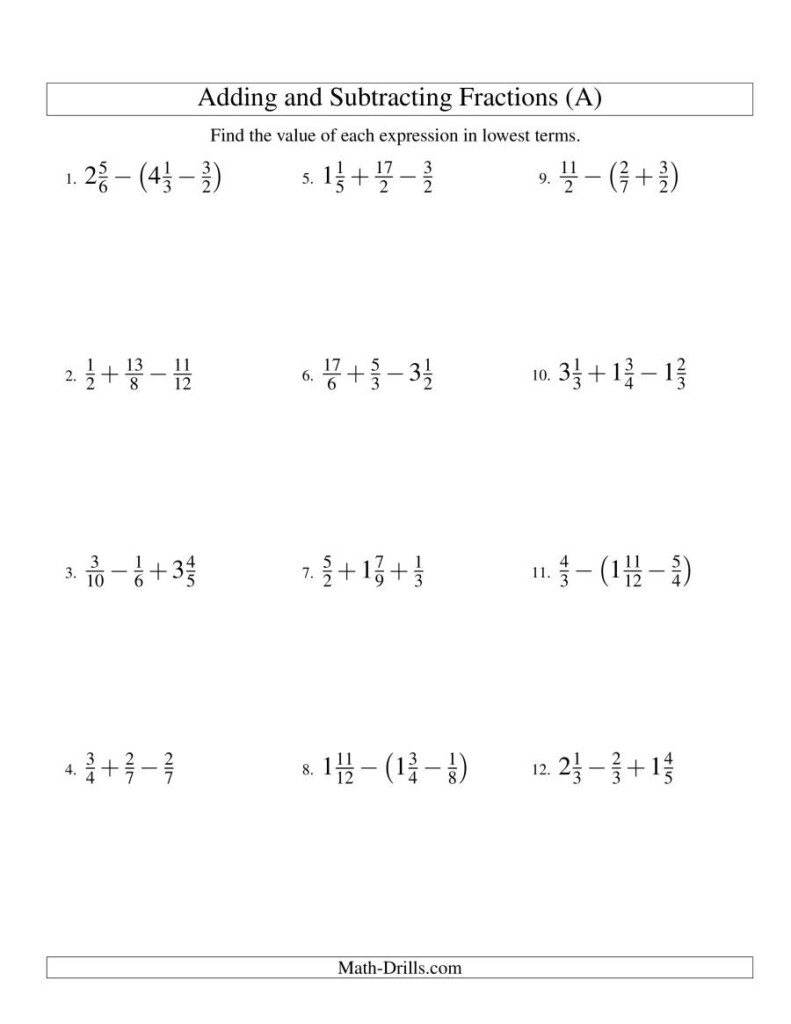 Adding And Subtracting Fractions With Integers Worksheet Fraction 