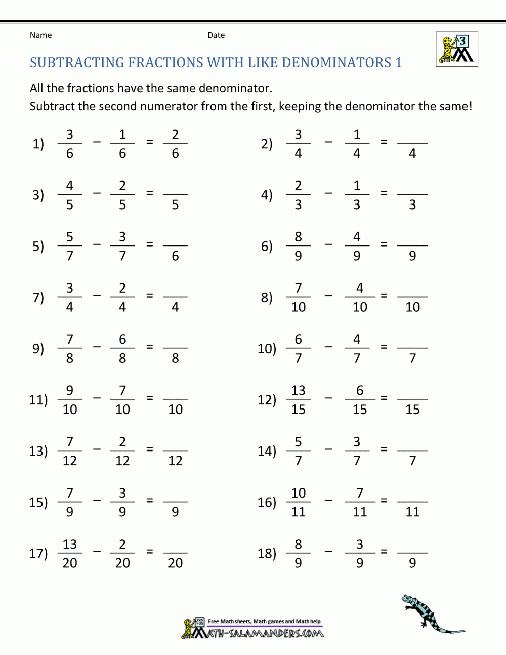 Adding And Subtracting Fractions With Like Denominators And Whole