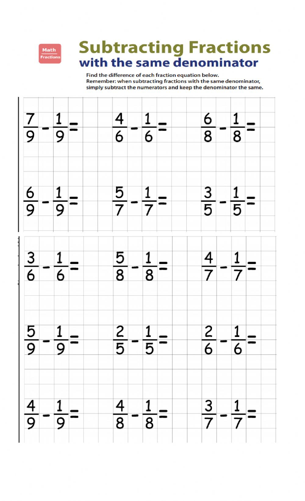 Addition And Subtraction Of Like Fractions Worksheets