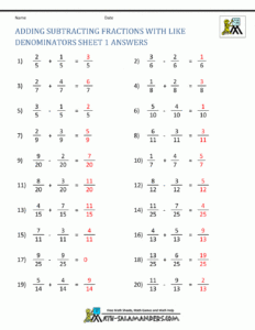 Adding And Subtracting Fractions With Like Denominators Worksheets