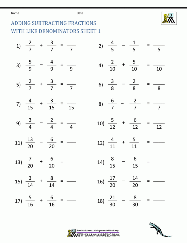 Adding And Subtracting Fractions With Like Denominators Worksheets 