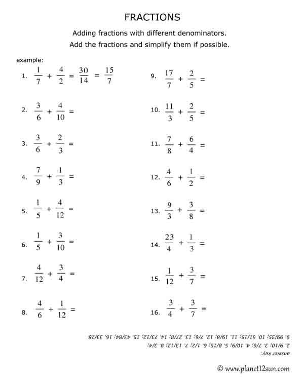 Adding And Subtracting Fractions With Different Denominators Worksheets