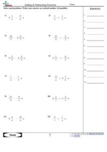 Adding And Subtracting Fractions Worksheet With Answer Key Printable