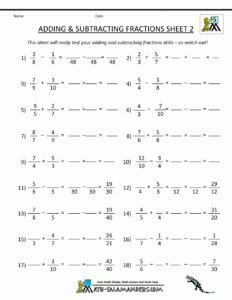 Adding And Subtracting Fractions Worksheets 7th Grade