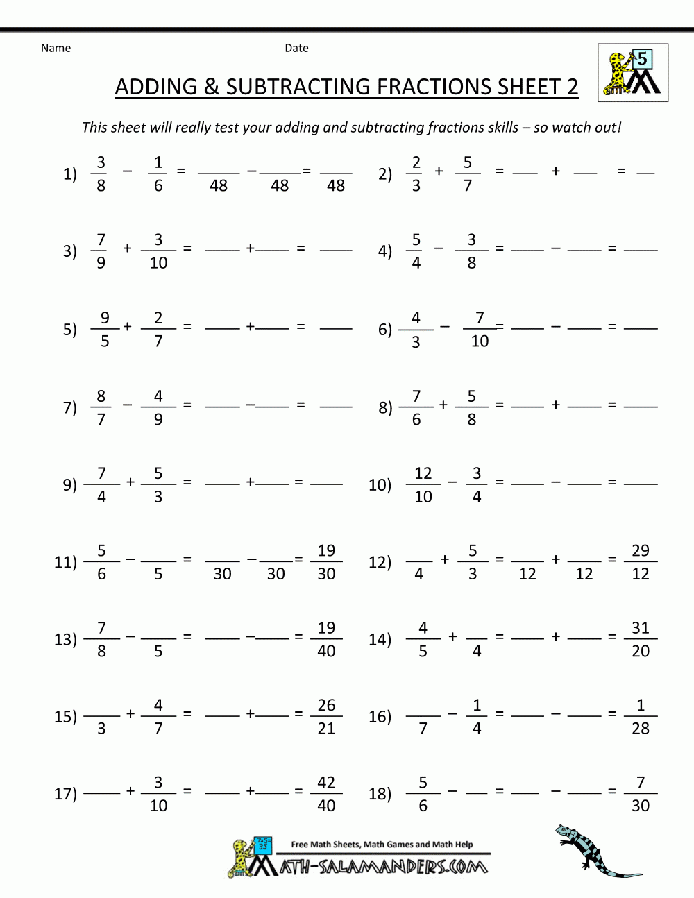 Adding And Subtracting Fractions Worksheets Grade 7