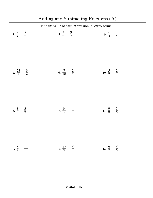 7th Grade Adding And Subtracting Algebraic Fractions Worksheet