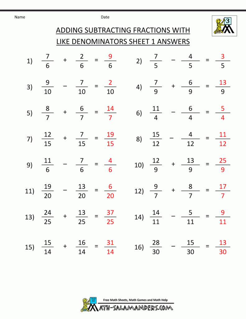 Adding And Subtracting Fractions Worksheets With Answer Key Common Core 