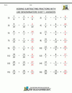 Adding And Subtracting Fractions Worksheets With Answer Key Common Core