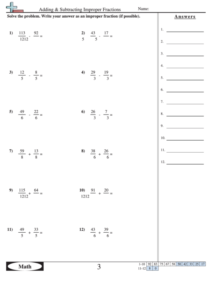 Adding And Subtracting Improper Fractions Worksheet With Answer Key