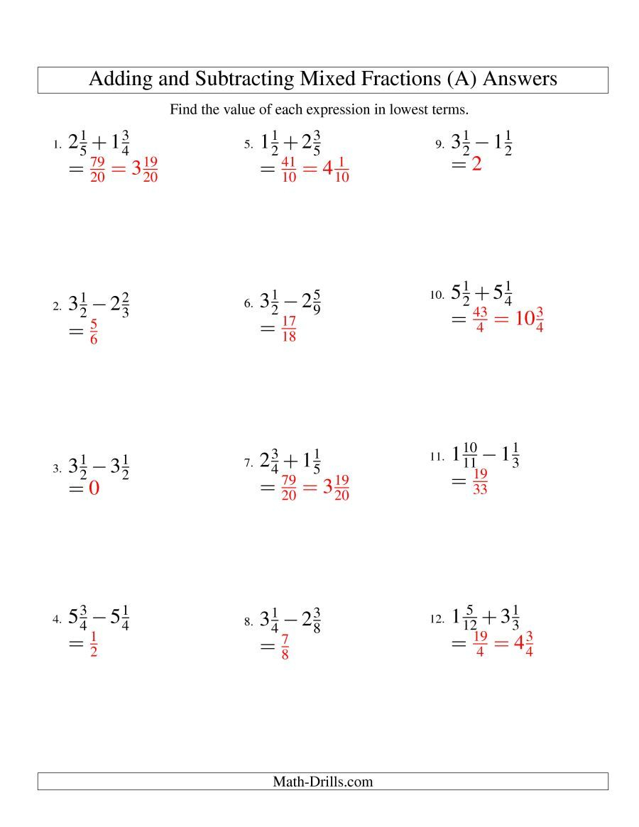 Add And Subtract Mixed Number Fractions Worksheet