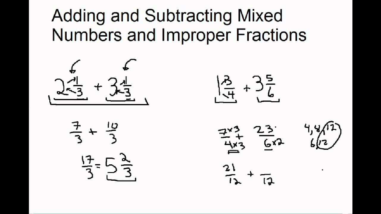 Adding And Subtracting Mixed Numbers And Improper Fractions Worksheet