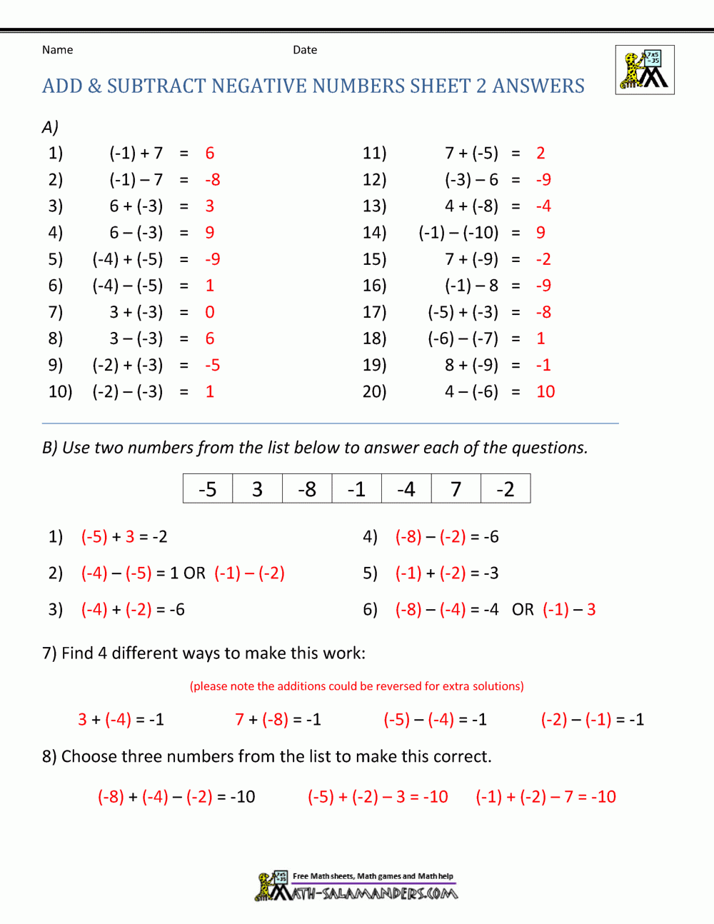 Adding Negative Fractions Worksheet