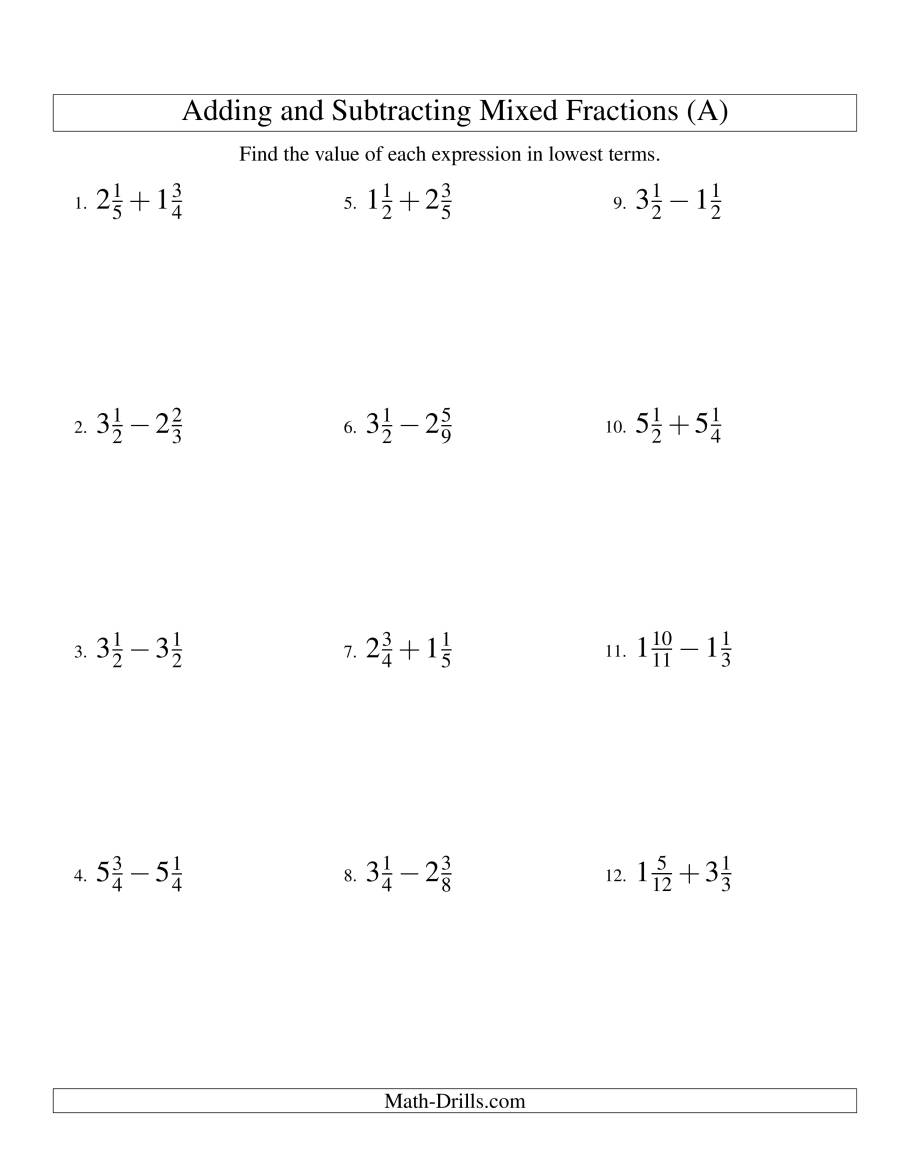 Adding And Subtracting Positive And Negative Mixed Fractions Worksheet