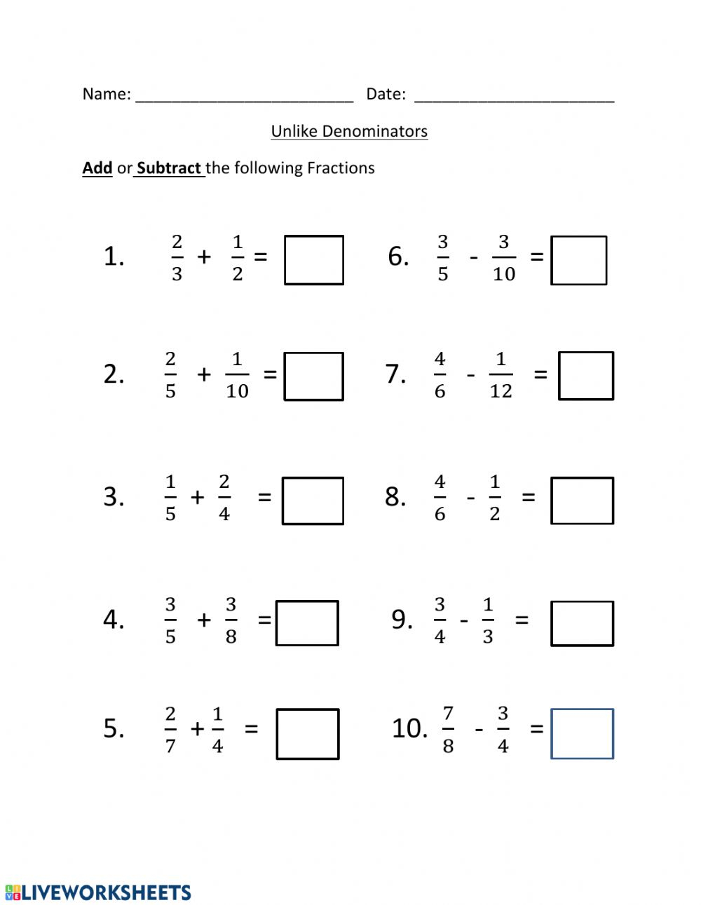 Free Worksheets Adding And Subtracting Fractions With Unlike Denominators