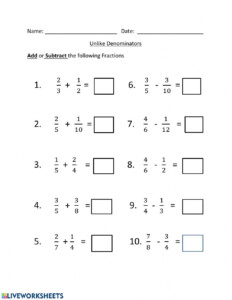 Adding And Subtracting Unlike Denominators Worksheet