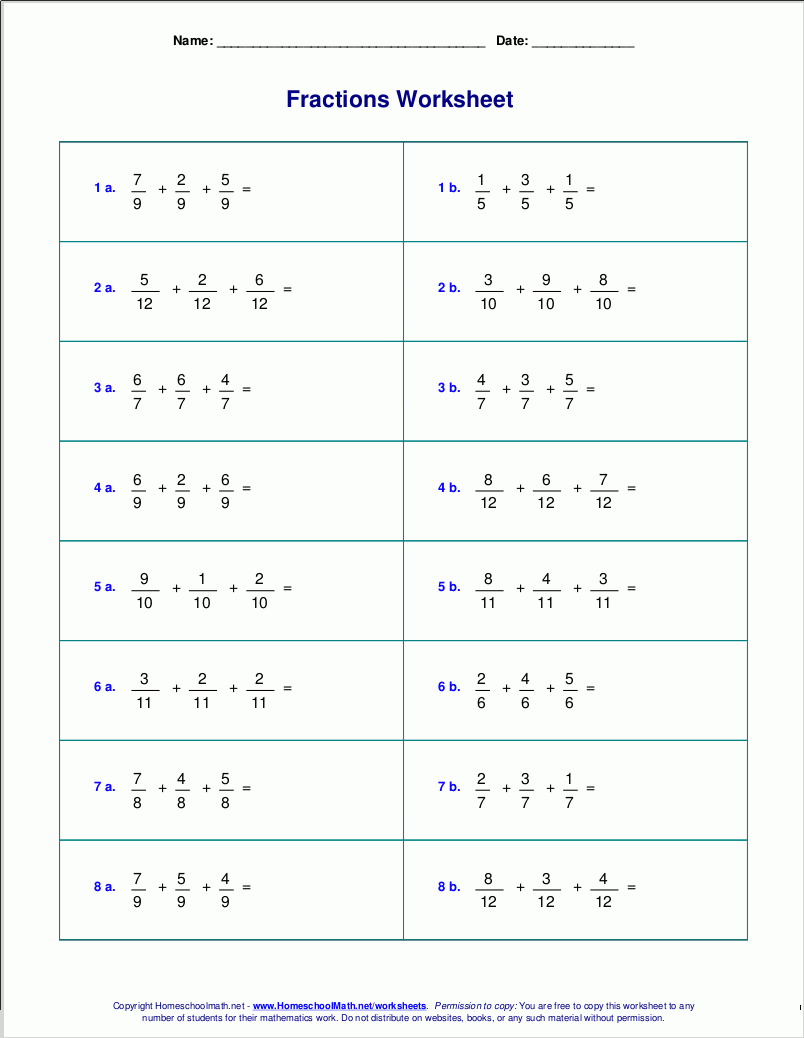 Adding Common Fractions Worksheet