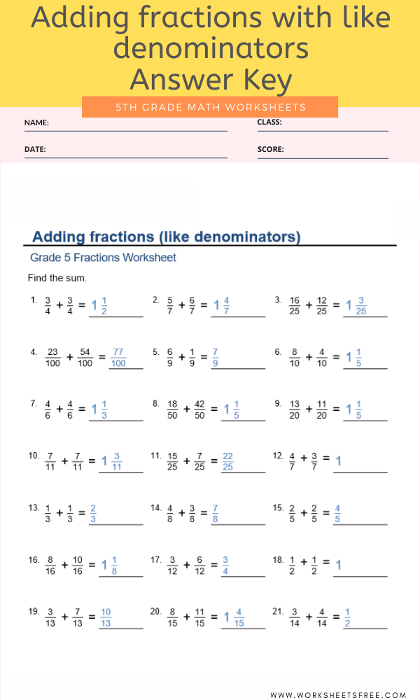 Adding Fractions With Like Denominators For Grade 5 Answer Key