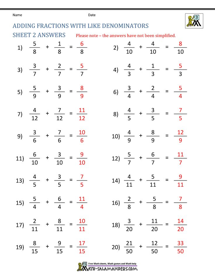 Adding Fractions With Like Denominators Sheet 2 Answers 3rd Grade 