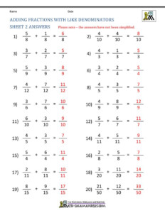 Adding Fractions With Like Denominators Sheet 2 Answers 3rd Grade