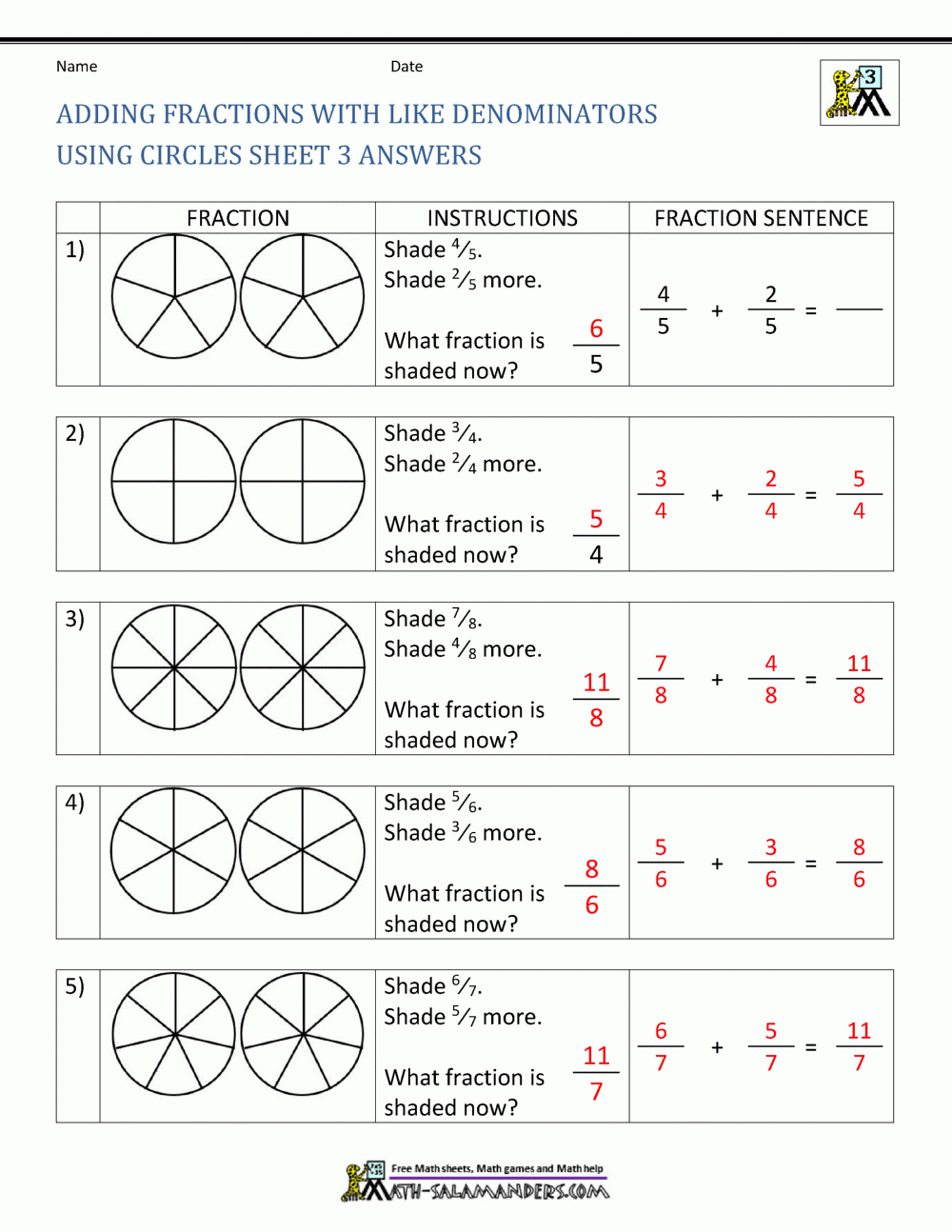 Adding Fractions With Like Denominators Sheet 3 Answers In 2020 3rd