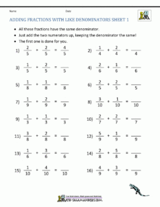 Adding Fractions With Like Denominators Worksheets